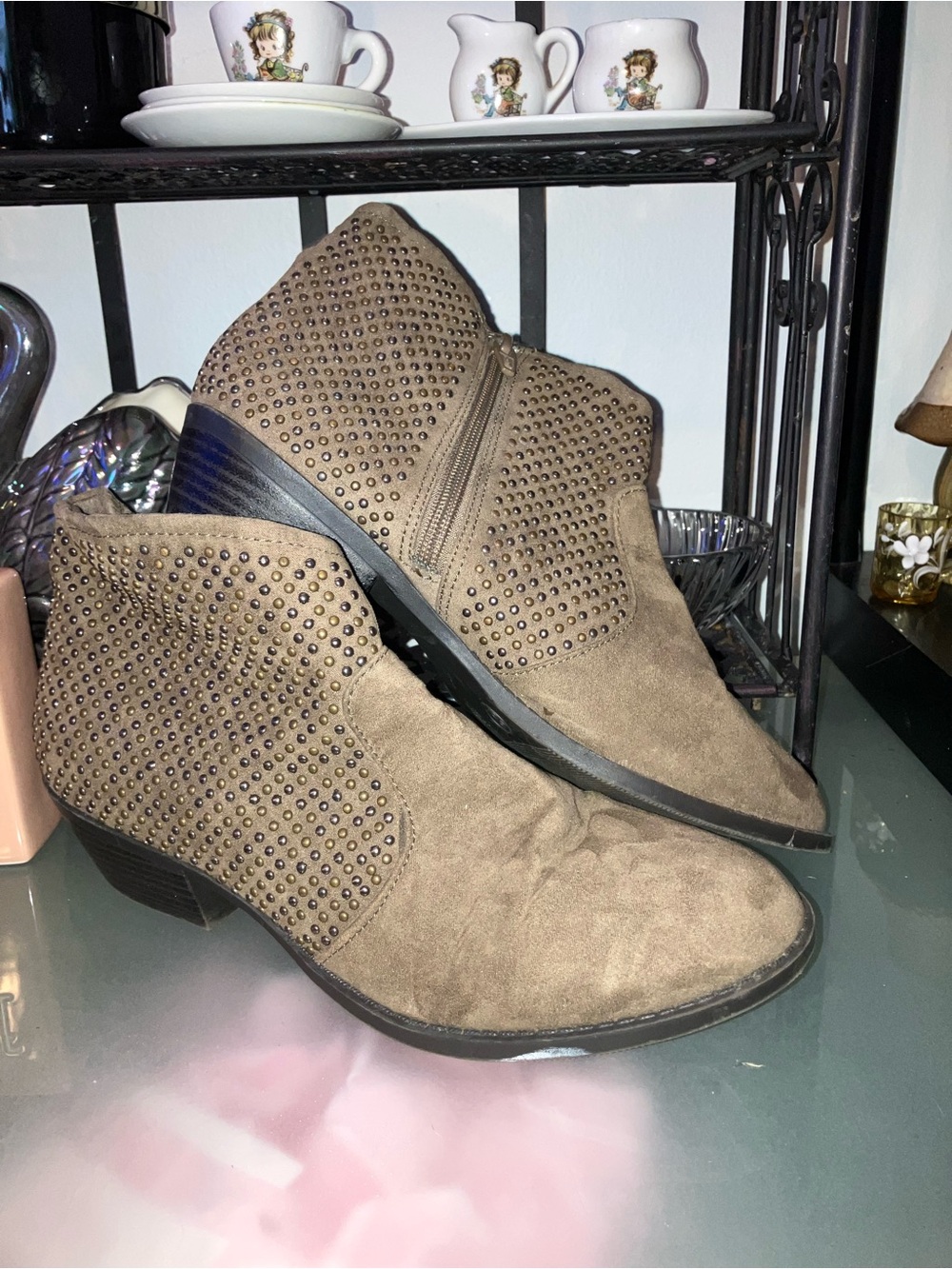 Mossimo Supply Co. Taupe Suede Studded Ankle Booties - Zip Up
